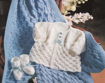 KNITTING PATTERN - Baby Matinee Coat/Jacket/Sweater, Booties/Bootees and Shawl - 14 to 20 in