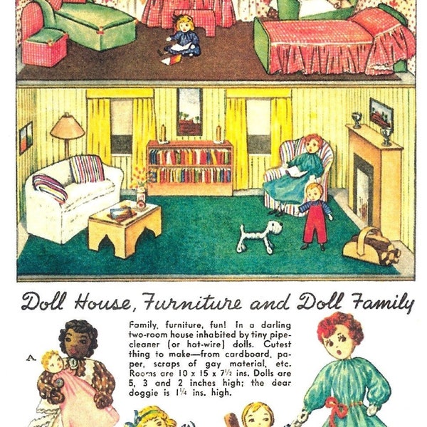 PATTERN - Vintage Sewing Dollhouse PDF - Doll House plus Furniture and Doll family with pet dog  - Cut out and make