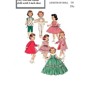 May include: Sewing pattern 7973 for 14 inch dolls with 8 inch chests. The pattern includes six different outfits for dolls, including a red dress, a green dress, a white dress, a red and white checkered dress, a red coat, and a blue and white striped shirt with green pants.