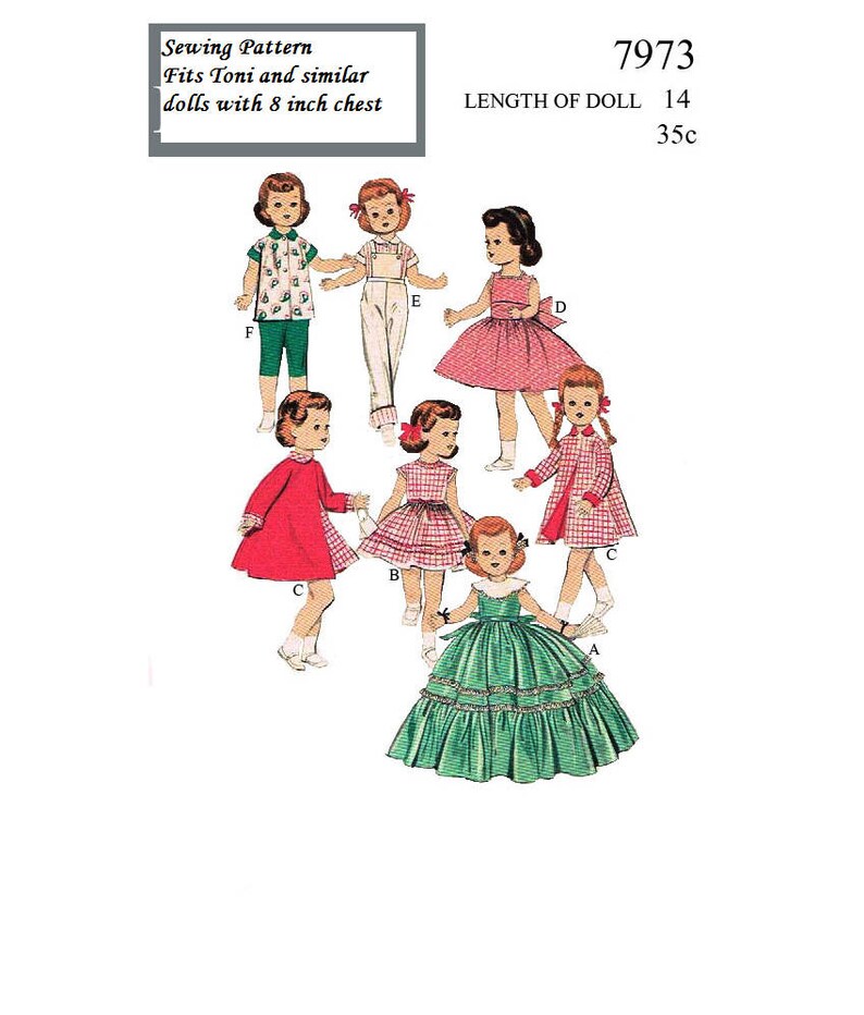 May include: Sewing pattern 7973 for 14 inch dolls with 8 inch chests. The pattern includes six different outfits for dolls, including a red dress, a green dress, a white dress, a red and white checkered dress, a red coat, and a blue and white striped shirt with green pants.