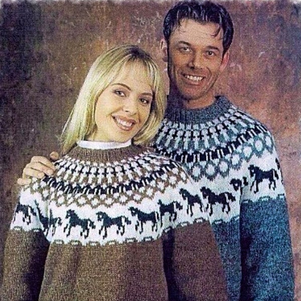 Knitting Pattern - Alafoss Icelandic Nordic Sweater - with Horses - Family sizes included