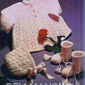 PDF Download - KNITTING PATTERN - Matinee coat Bonnet and Booties/Bootees chest 17 to 19 inch