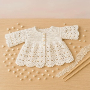 Baby CROCHET PATTERN - Scallop Matinee Jacket and Bonnet - 16 - 20 ins 3 ply