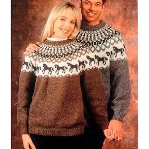 ENGLISH lang Knitting Pattern - Alafoss Icelandic Nordic Sweater - with Horses - Family sizes included - 86cm chest upwards.