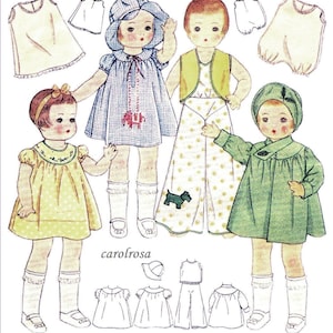 May include: A vintage paper doll set featuring four dolls with different outfits. The dolls are dressed in a variety of styles, including a gingham dress, a green coat, a yellow dress, and a polka dot dress. The set includes several additional clothing items, such as hats, pants, and skirts.