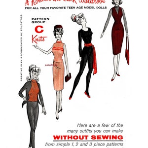 Vintage NO SEW Pattern to Create Wardrobe of Outfits for Teen Dolls - No sewing required Patt C