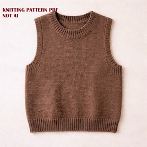 May include: A brown sleeveless knit sweater vest featuring a ribbed crew neckline, ribbed armholes, and a ribbed hem. The text KNITTING PATTERN PDF NOT AI is printed in the upper left corner of the image, indicating a digital pattern document.