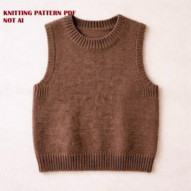 May include: A brown sleeveless knit sweater vest featuring a ribbed crew neckline, ribbed armholes, and a ribbed hem. The text KNITTING PATTERN PDF NOT AI is printed in the upper left corner of the image, indicating a digital pattern document.