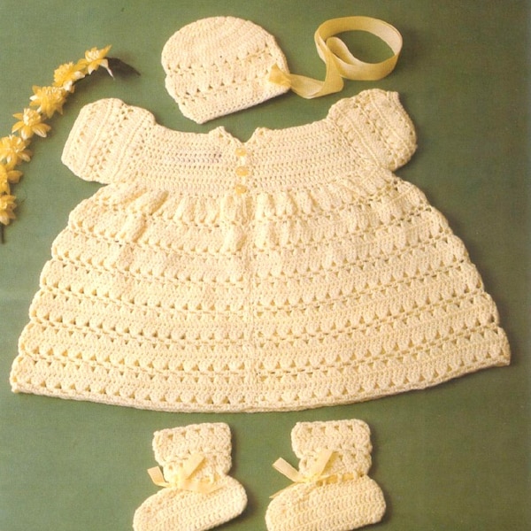 Baby CROCHET PATTERN - Baby Dress Bonnet and Booties in 3ply 16, 18 and 20 inch chest