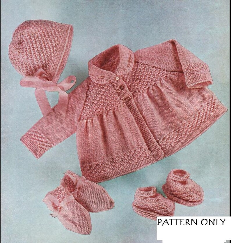 KNITTING Pattern Matinee coat/Jacket, Bonnet, Bootees and Mitts 18-20 in Baby Pattern image 1