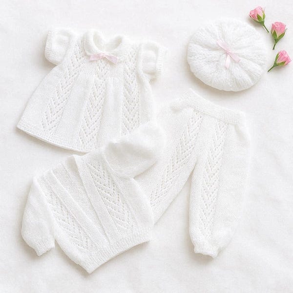 Baby Knitting Pattern -Knitted DK Dress, Beret, Leggings, Jacket/Sweater - 16 to 22 in chest -ENGLISH only + pattern support
