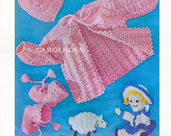 Baby Crochet Pattern Sweater Bonnet & Booties Shell Stitch Set Layette Pattern PDF  Infant to 6 Months and Mary her Lamb Toy!!