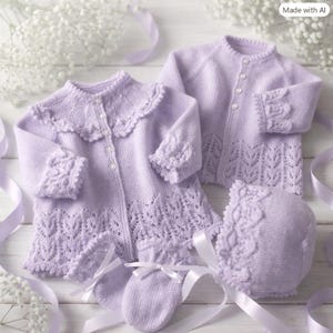 Puede incluir: Un conjunto de ropa de bebé tejida en color violeta claro que incluye una chaqueta de manga larga con cuello de volantes, otra chaqueta de cuello redondo, un gorro a juego y un par de patucos, con detalles de encaje en los bordes.