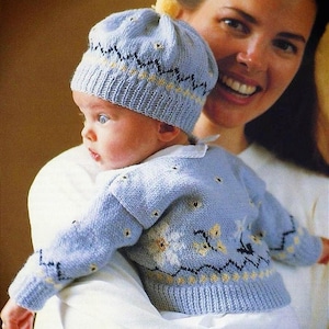 Instant digital download PDF Vintage Row by Row Knitting Pattern - Baby Fair isle Cardigan and Beanie Hat 4ply 0-6 months