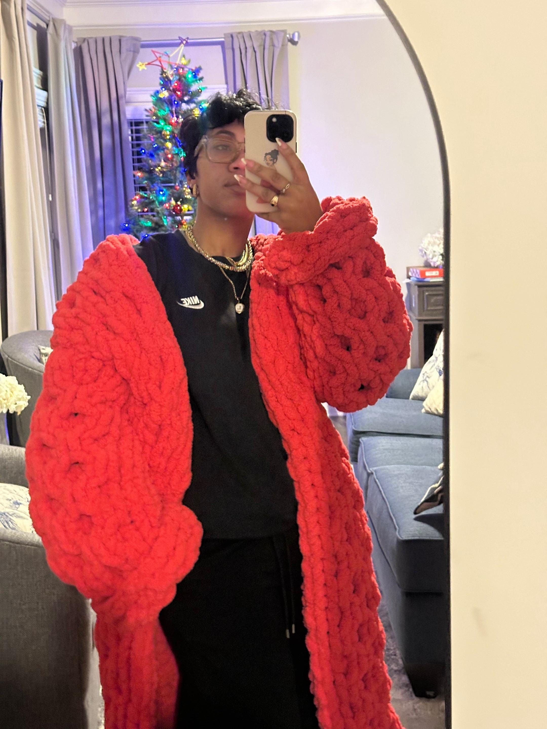 Chunky and Unique Knit Contrast Color Lobster Button Pocket Loose Cardigan