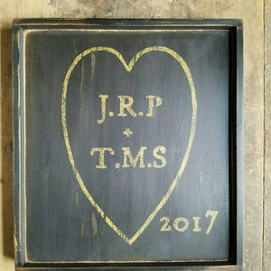 Primitive Personalized Heart and Initials Wooden Family Name Sign Custom Personalized Rustic