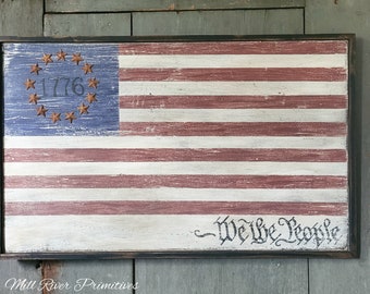 American 1776 Flag Wooden Hand Painted Sign We the People with rusty stars