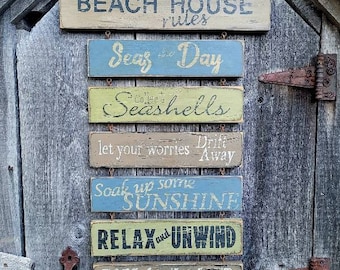 Primitive Aged Beach House Rules Menu Wood Sign with Rusty Chain  Personalized Rustic