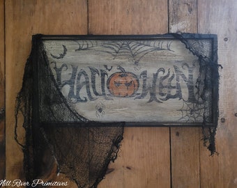 Primitive Rustic Halloween sign Spiders Pumpkins