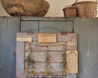 Shaker Seed Company Sign w/ Dried Flowers, Ephemera on old Door