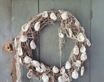 Oyster Shell and Net Twig Wreath Nautical Decor Beach House Summer Seashell