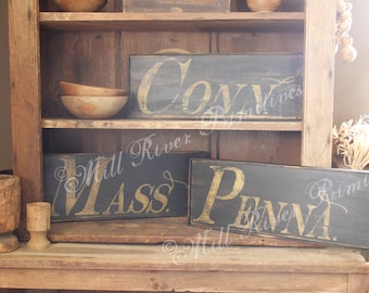 Primitive State Abbreviation Wood Sign, Rustic New England Decor