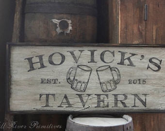 Aged Primitive Personalized TAVERN with Beer Mugs Wood Sign Custom Personalized Rustic
