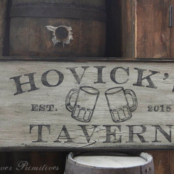 Aged Primitive Personalized TAVERN with Beer Mugs Wood Sign Custom Personalized Rustic