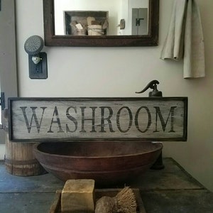 Early looking Antique Primitive WASHROOM Sign Custom Personalized Rustic