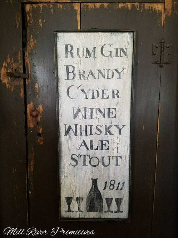 Large Hand Painted 18th C Colonial Tavern Menu With Bottles Wooden Sign