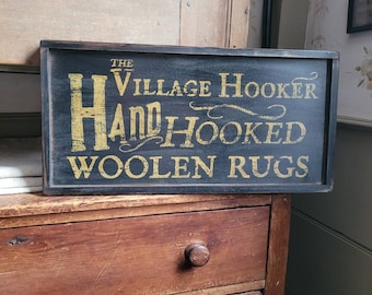 Primitive Hand Hooked Wool Rugs Wooden sign Custom Personalized Rustic