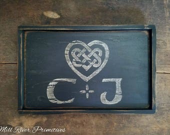 Primitive Personalized Initials and Year Wooden Family Name Sign Celtic Heart Custom Personalized Rustic