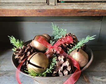 Primitive Rusty Antique Tin Colander with Pine Cones, Jingle Bells and Faux Greens Christmas Holidays