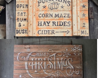 Antique Double-Sided Wood Sign Autumn Fall Pumpkins Merry Christmas
