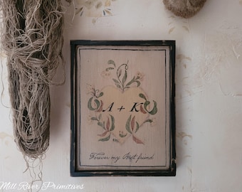 Antique Primitive Personalized Heart and Initials Wooden Family Name Sign Custom Personalized Fractur Painting