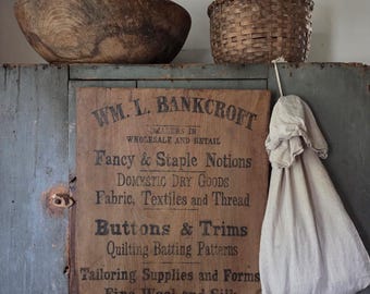 Antique Wood Sign Hand Painted TEXTILE Notions, Trims Primitive Sewing Quilting Room