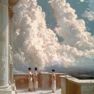 May include: Three figures in white robes stand on a balcony overlooking a vast landscape. The sky is filled with large, fluffy white clouds. The figures appear to be gazing out at the horizon.
