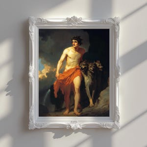 May include: A painting of a man with a laurel wreath on his head, wearing a red loincloth and standing with three-headed dogs. The painting is set against a dark background with clouds and a glimpse of a landscape.