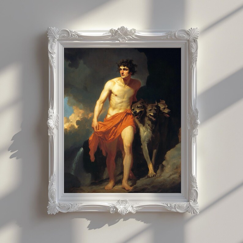 May include: A painting of a man with a laurel wreath on his head, wearing a red loincloth and standing with three-headed dogs. The painting is set against a dark background with clouds and a glimpse of a landscape.