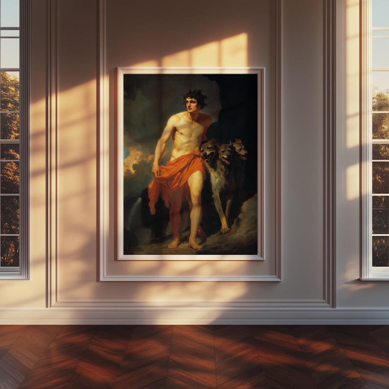 May include: A painting of a man with a laurel wreath on his head, standing with two wolves. He is wearing a red toga and is holding a staff. The painting is set against a dark background with clouds in the distance.