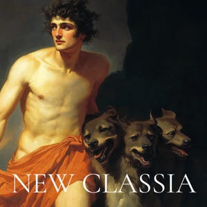 May include: A painting of a man with short, dark hair, wearing a red and orange drape, standing with three dogs. The painting is titled "NEW CLASSIA".