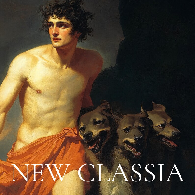 May include: A painting of a man with short, dark hair, wearing a red and orange drape, standing with three dogs. The painting is titled "NEW CLASSIA".