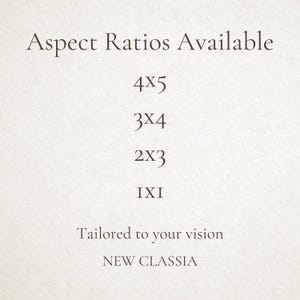 May include: A white background with black text that reads "Aspect Ratios Available" followed by a list of aspect ratios: 4x5, 3x4, 2x3, 1x1. The text "Tailored to your vision" and "NEW CLASSIA" are also included.
