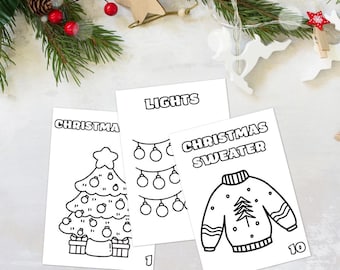 May include: Three white cards with black line drawings of Christmas-themed images. One card shows a Christmas tree, another shows string lights, and the third shows a sweater with a Christmas tree design. The word "Christmas" is visible on one card.
