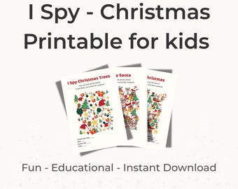 May include: Three printable Christmas-themed activity sheets for kids. The sheets feature colorful illustrations of Christmas trees, Santa, and other holiday elements. Text on the sheets reads "I Spy Christmas Trees", "I Spy Santa", and "I Spy Christmas". The image also includes the text "I Spy - Christmas Printable for kids" and "Fun - Educational - Instant Download".