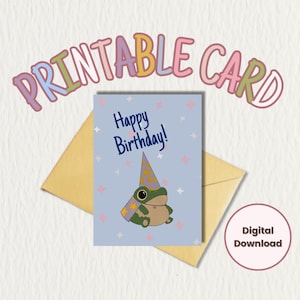 Imprimir em casa Cartão de aniversário “Cartão de feliz aniversário com sapo fofo com fundo azul e estrelas coloridas” Download instantâneo