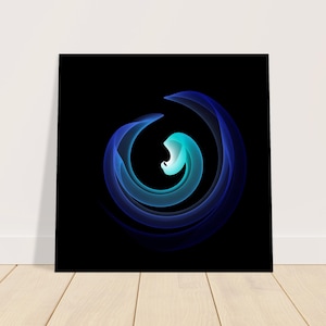 May include: A square digital art print featuring a central abstract spiral design against a solid black background. The spiral consists of layered, translucent light blue and deep navy blue curves that create a sense of fluid motion and depth.