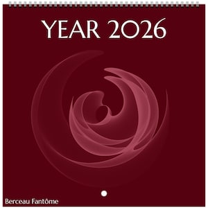 Könnte beinhalten: Ein Kalender für das Jahr 2026 mit burgunderrotem Hintergrund. Der weiße Text "YEAR 2026" steht oben. Ein wirbelndes, abstraktes Design in Rosatönen befindet sich in der Mitte. Der Text "Berceau Fantôme" steht unten.