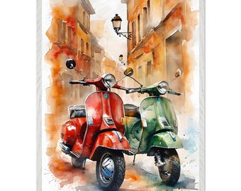 Vintage Vespa-muurkunst – Italiaanse scooterprint, retro aquarel, Europese reisposter, rustiek straatbeeld, cafédecor