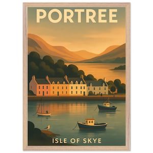 Portree Travel Poster, Isle of Skye Scotland Wall Art, Vintage Style Coastal Landscape Print, Framed or Unframed Gift for Travel Lover